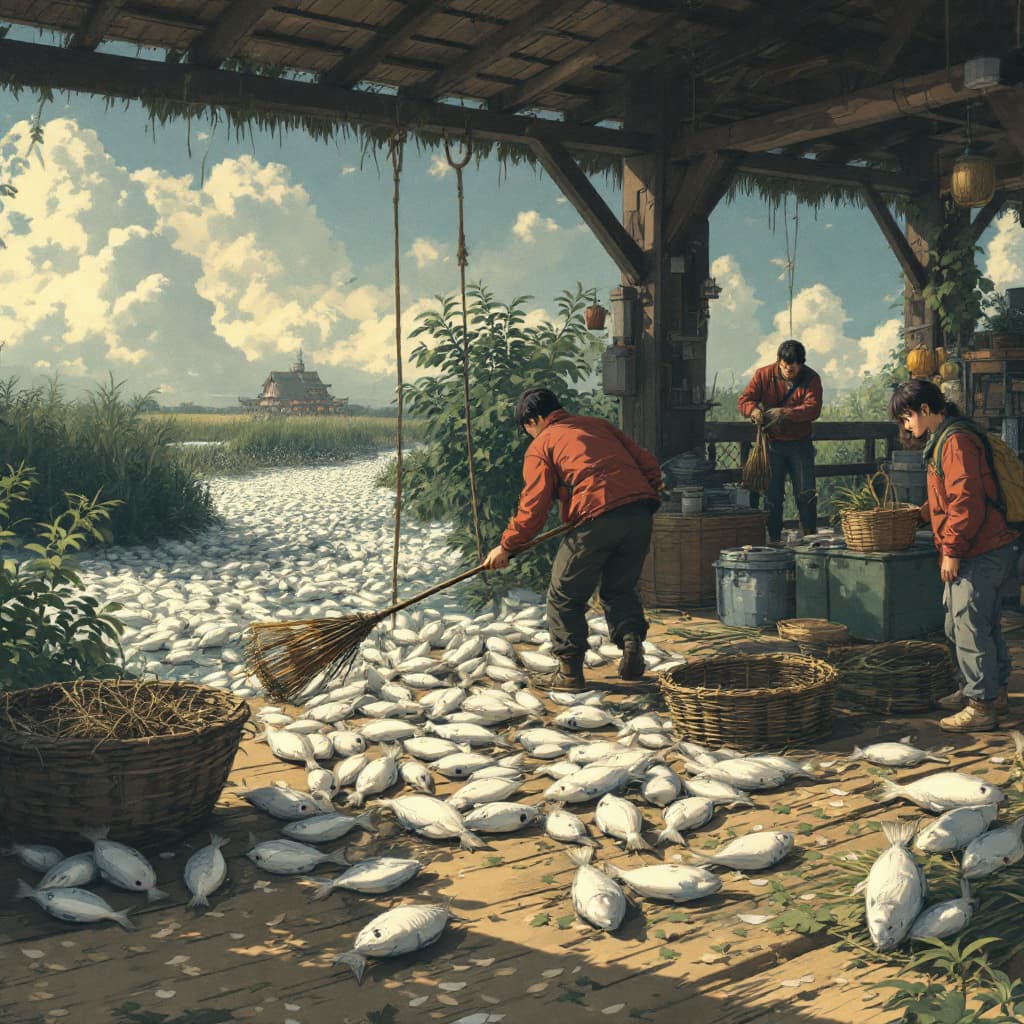 AI generated: Harvest the fish catch, anime style