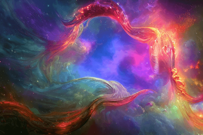 AI generated: raytraced render and digital painting a scene of complete madness, by  kinkade, cosmic entities, cel...