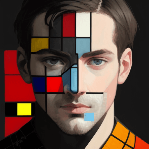 AI generated: illustration, art, man, face, gaze, mosaic, mondrian, consisting random colors, black outline, patte...