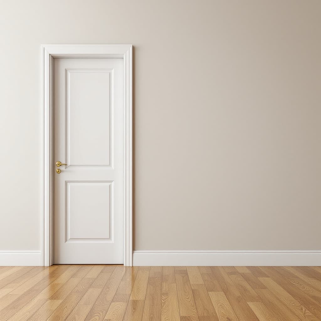 AI generated: 
The image shows a small interior space with a warm-toned laminate floor and visible grain. On the l...