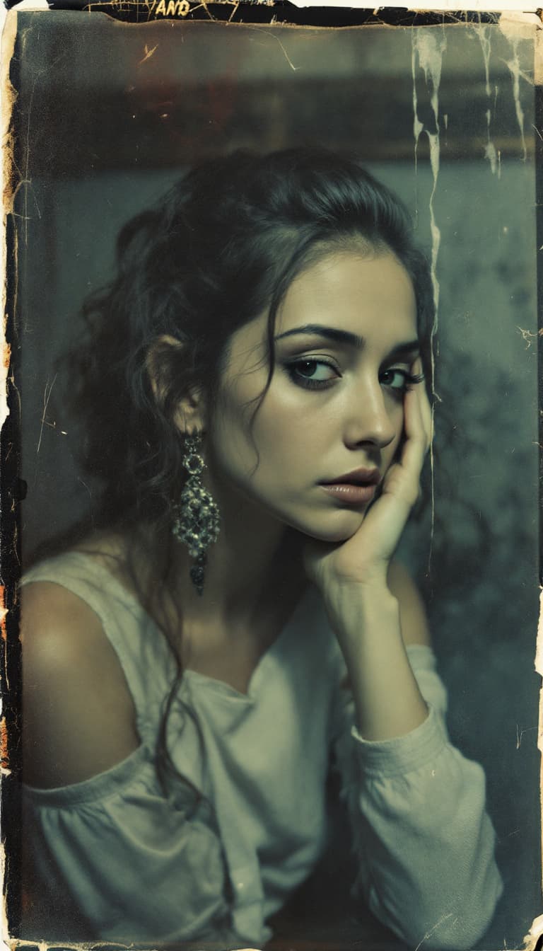 AI generated: woman, old polaroid photo, sad mood