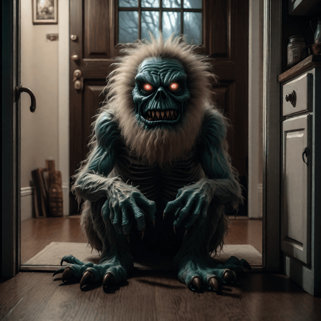 AI generated: edyth jiryevsky monster sitting by the door, in the style of realistic hyper-detailed rendering, cre...