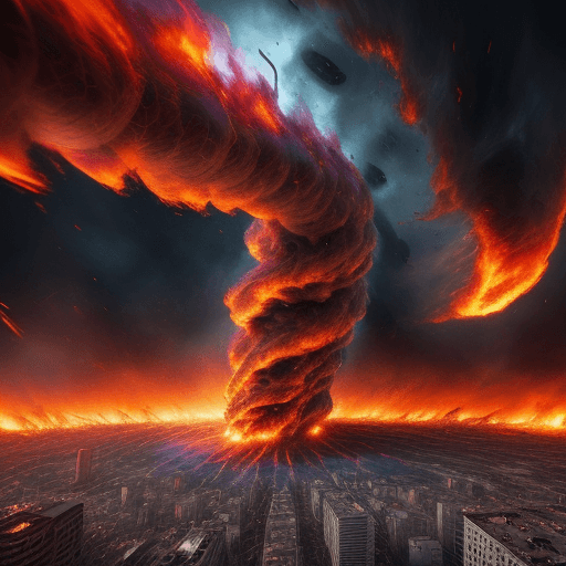 AI generated: destructive fire tornado in the city, photorealistic, highly detailed, sharp focus, vivid, colorful,...