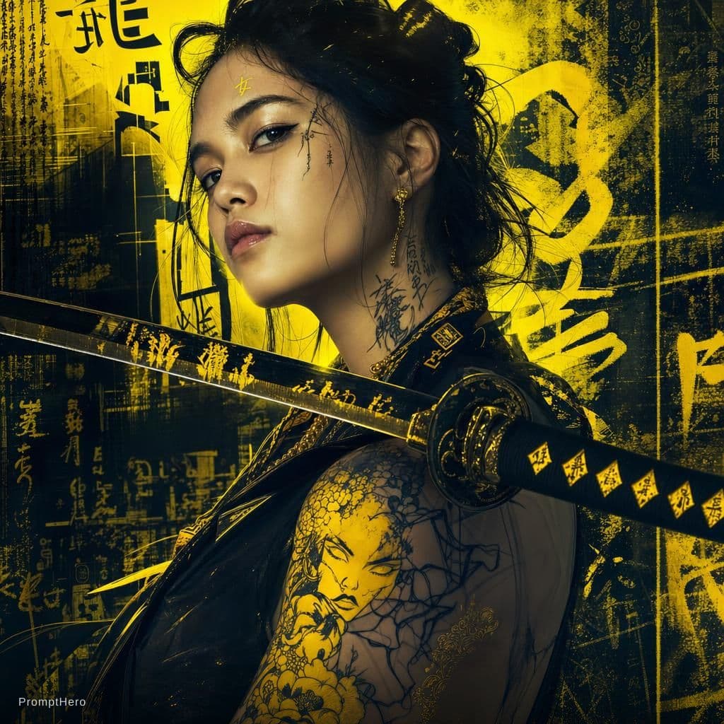 AI generated: Editorial Vivienne Tam photography of a gothic punk rebel Japanese [woman] with neon yellow and blac...