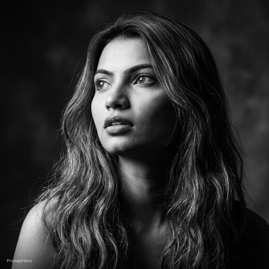 AI generated: Portrait of a woman with long, wavy hair, looking up and to the side. Black and white with strong ch...