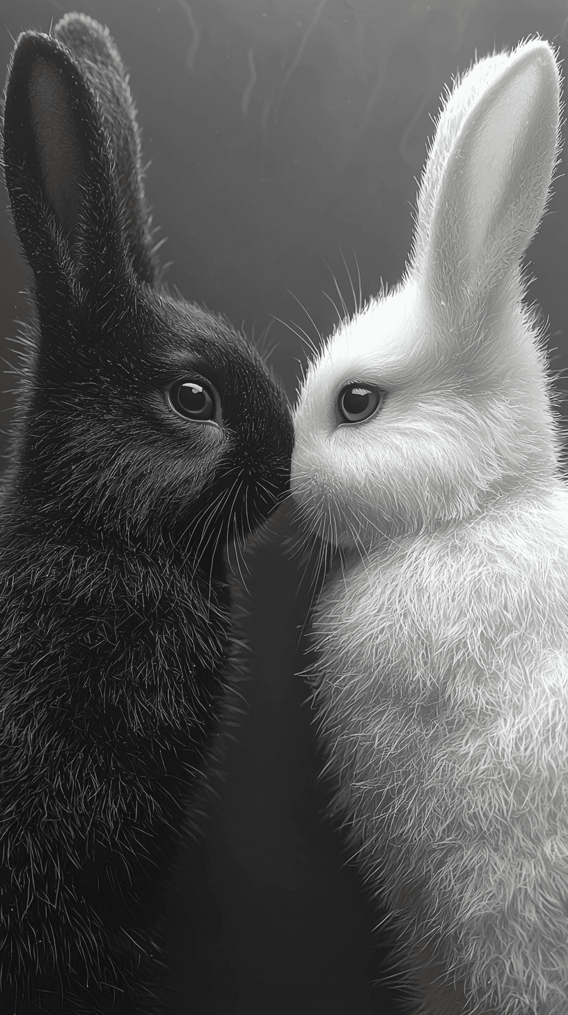 AI generated: Art illustration, sports minimalism style, fuzzy form, black rabbit and white rabbit, solid color ba...