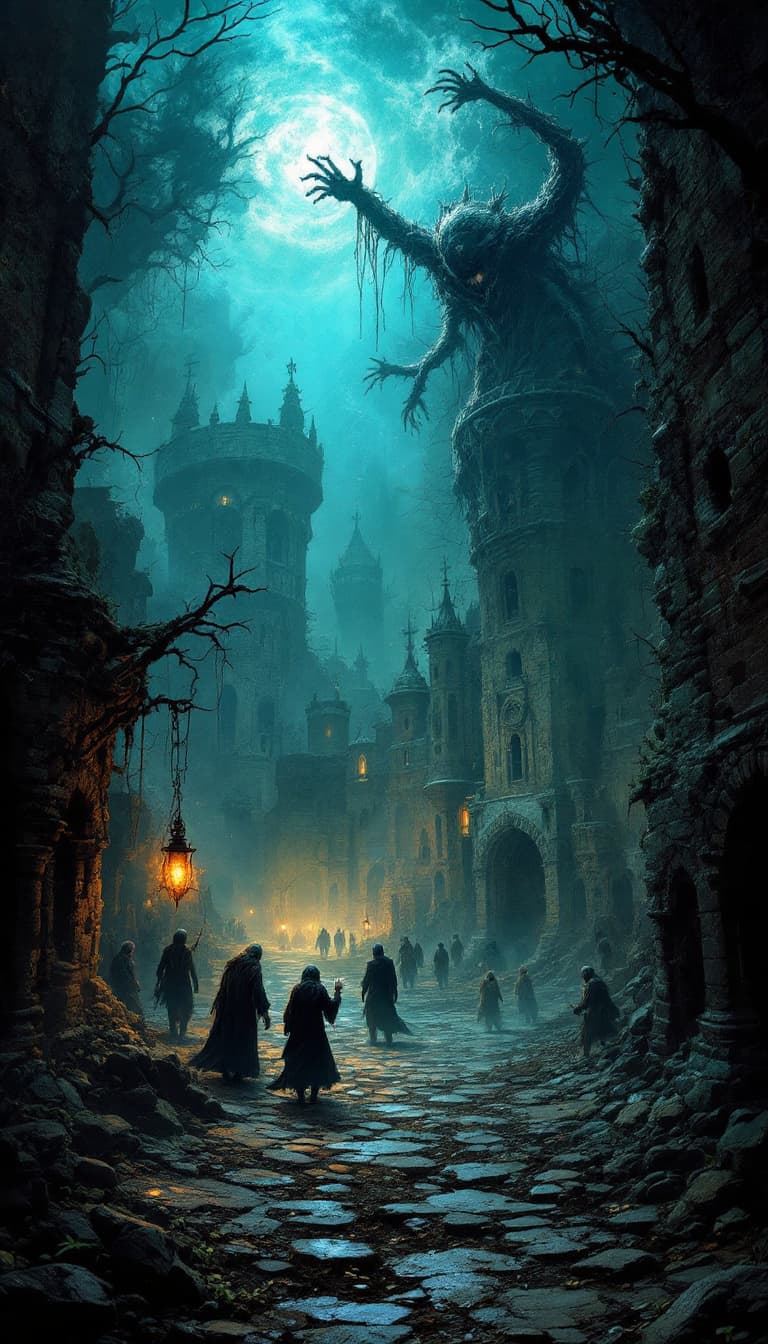 AI generated: Necromancy,Medieval Town,Decaying Architecture,Eldritch Horror,Zombie-like Inhabitants,Cosmic Terror...