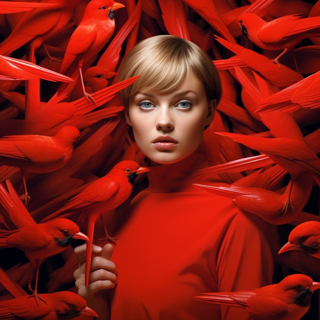 AI generated: woman in red birds around her, in the style of dreamlike compositions, close up,album covers, jean a...