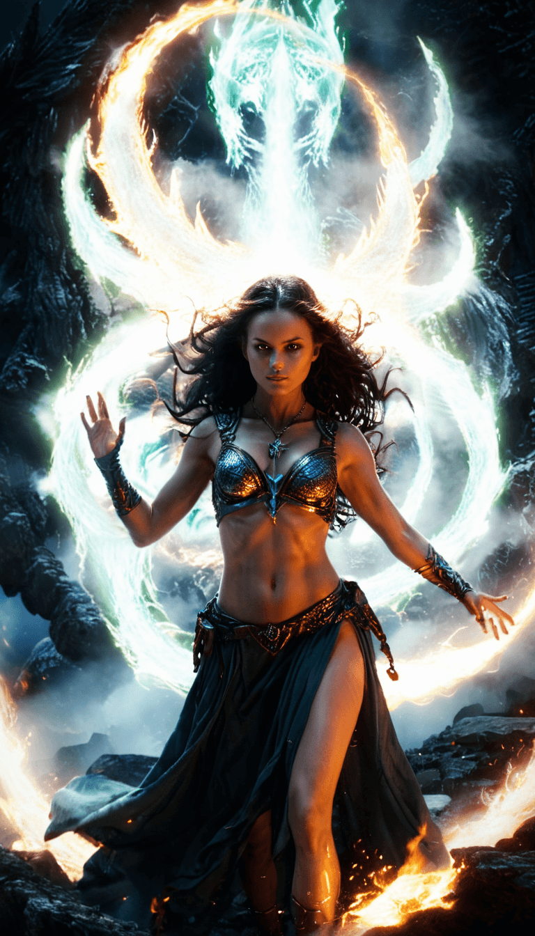 AI generated: OHWX WOMAN, A Night Sister, her (((navel))) subtly visible, conjures ancient magic in an upperbody s...