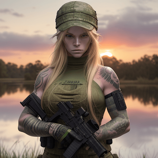 AI generated: Beautiful blonde woman with tattoos wearing tactical gear in the middle of a swamp, with an angry lo...