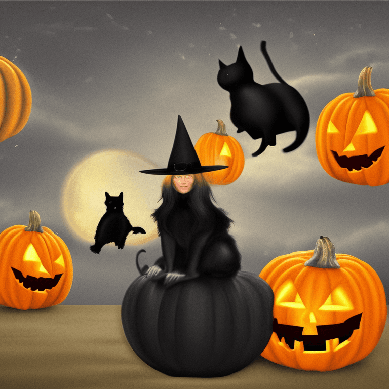AI generated: pumpkins 3D realistic black cats with flying witch realistic