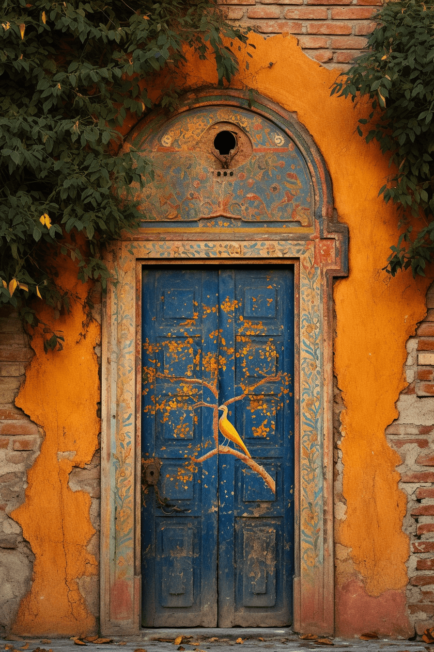 AI generated: an orange door decorated with a wooden bird on, in the style of roman art and architecture, indigo a...