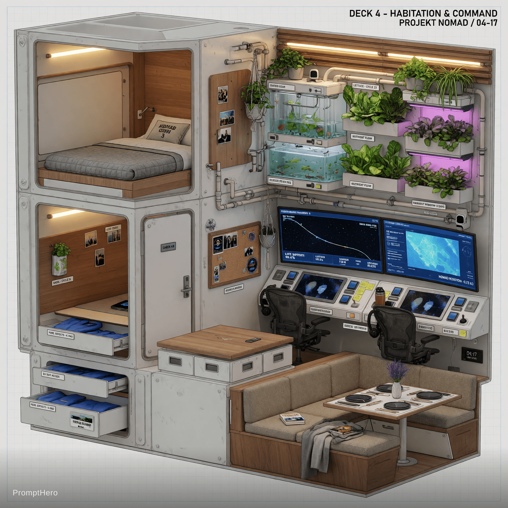 AI generated: Highly detailed technical interior close-up view of Deck 4 habitation and command area on Projekt No...