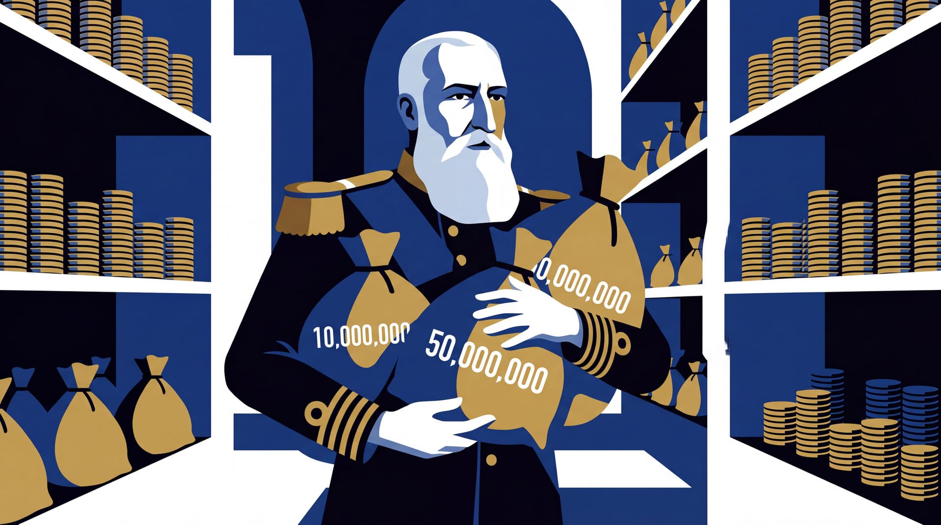 AI generated: The Money Bags: Leopold is shown clutching large sacks of money, some marked with figures like "10,0...