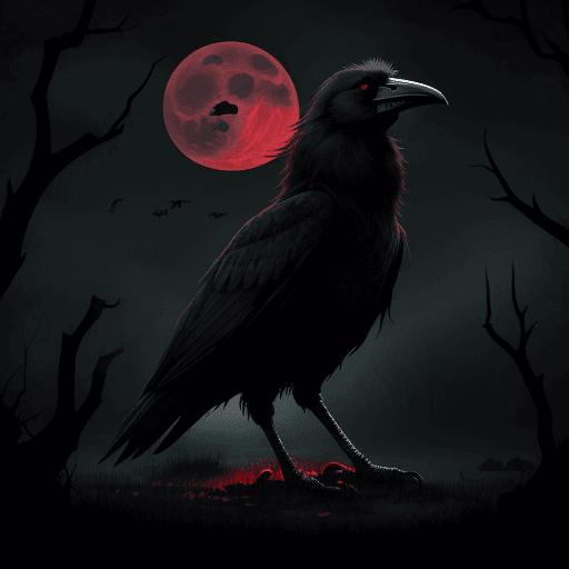 AI generated: swamp under a gloomy sky, with a crow perched on a decayed skull. The full moon behind the crow make...
