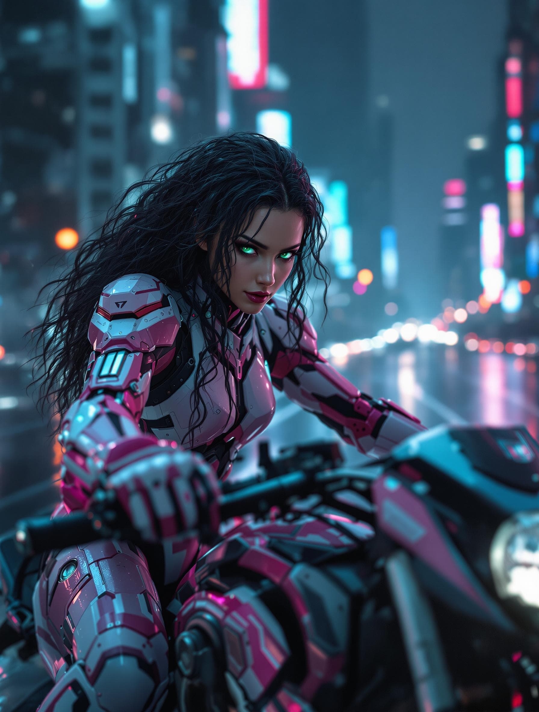 AI generated: a beautiful cyborg woman with long curly black her and beautiful stunning green eyes driving her nin...