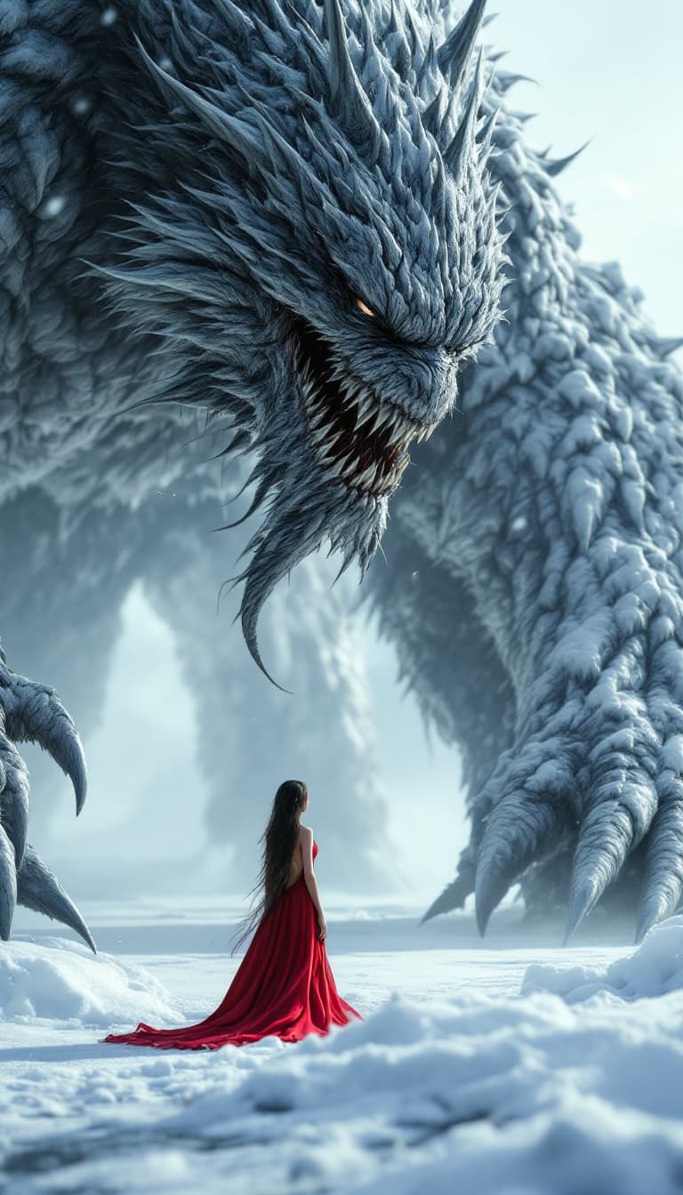 AI generated: an enormous snow monster is standing on the ice, and a cartoon woman, wearing deep v cut red mini dr...