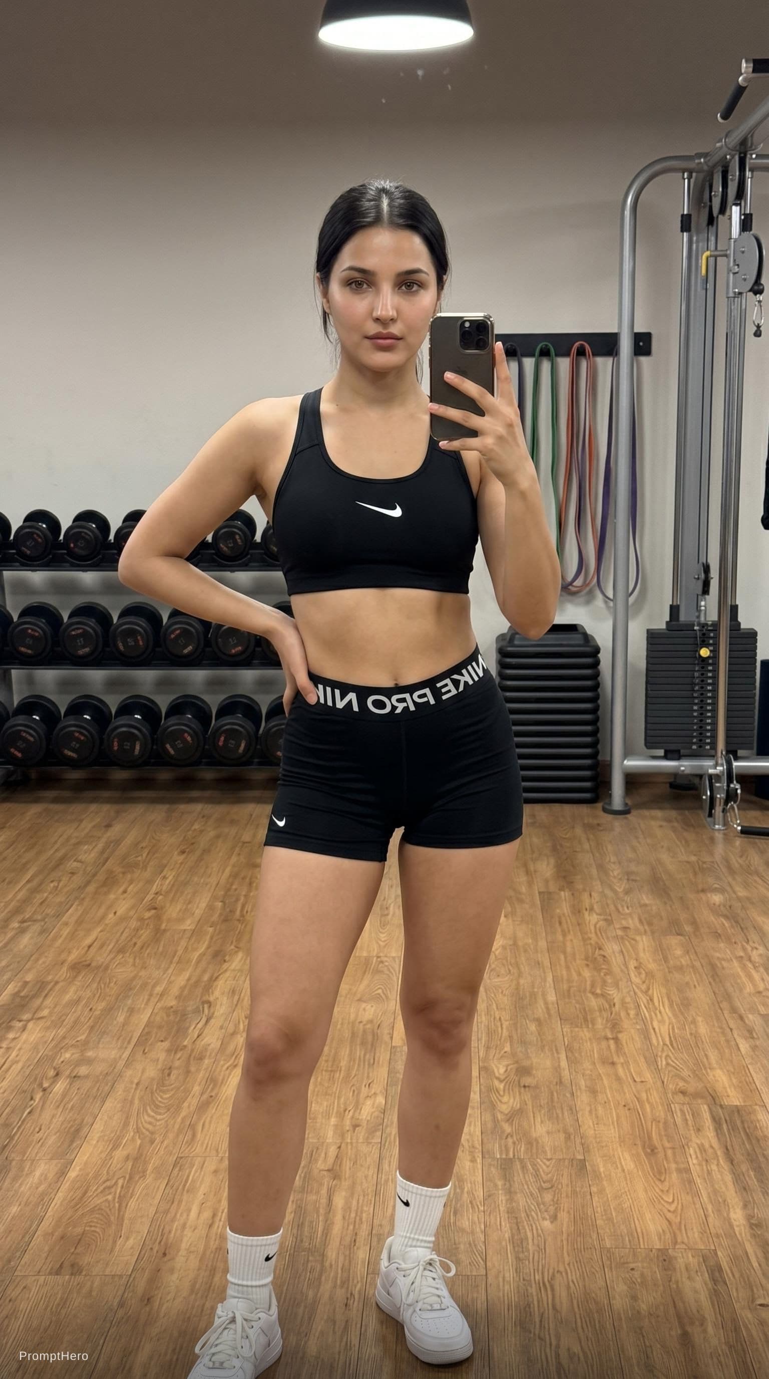 AI generated: Scene: Selfie in front of a mirror inside a gym with a wooden floor and workout equipment visible in...
