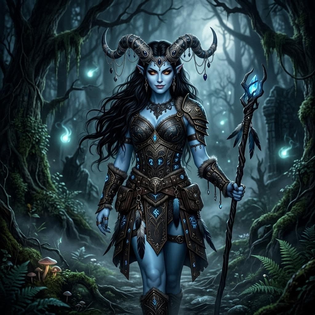 AI generated: a beautiful female demon with blue skin and black hair, ornately decorated devil horns and wearing i...