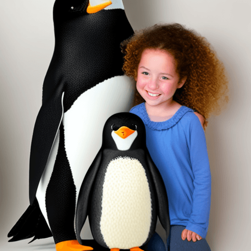 AI generated: a penguin next to a little girl with curly hair