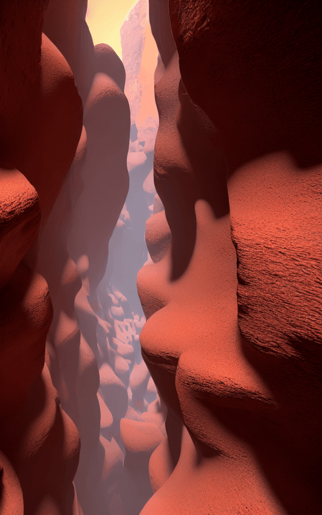 AI generated: an oil painting of the bottom of a narrow canyon in mars, cinematic, atmospheric perspective, high d...