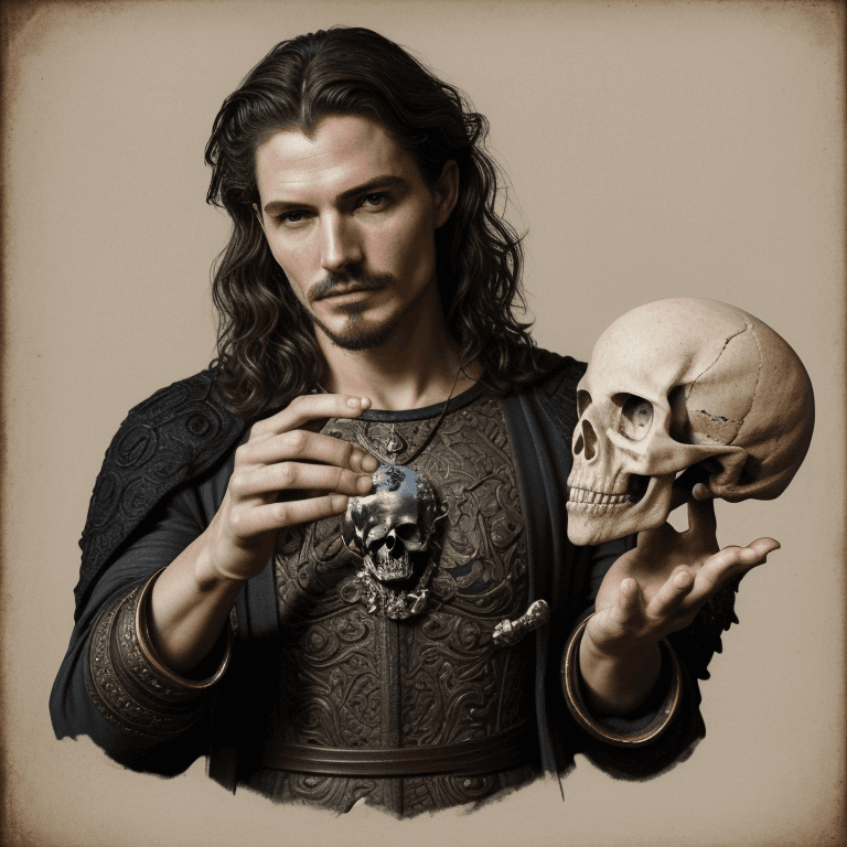 AI generated: To be or not to be, Hamlet holding an anatomically correct human skull of Yorick in the palm of his ...