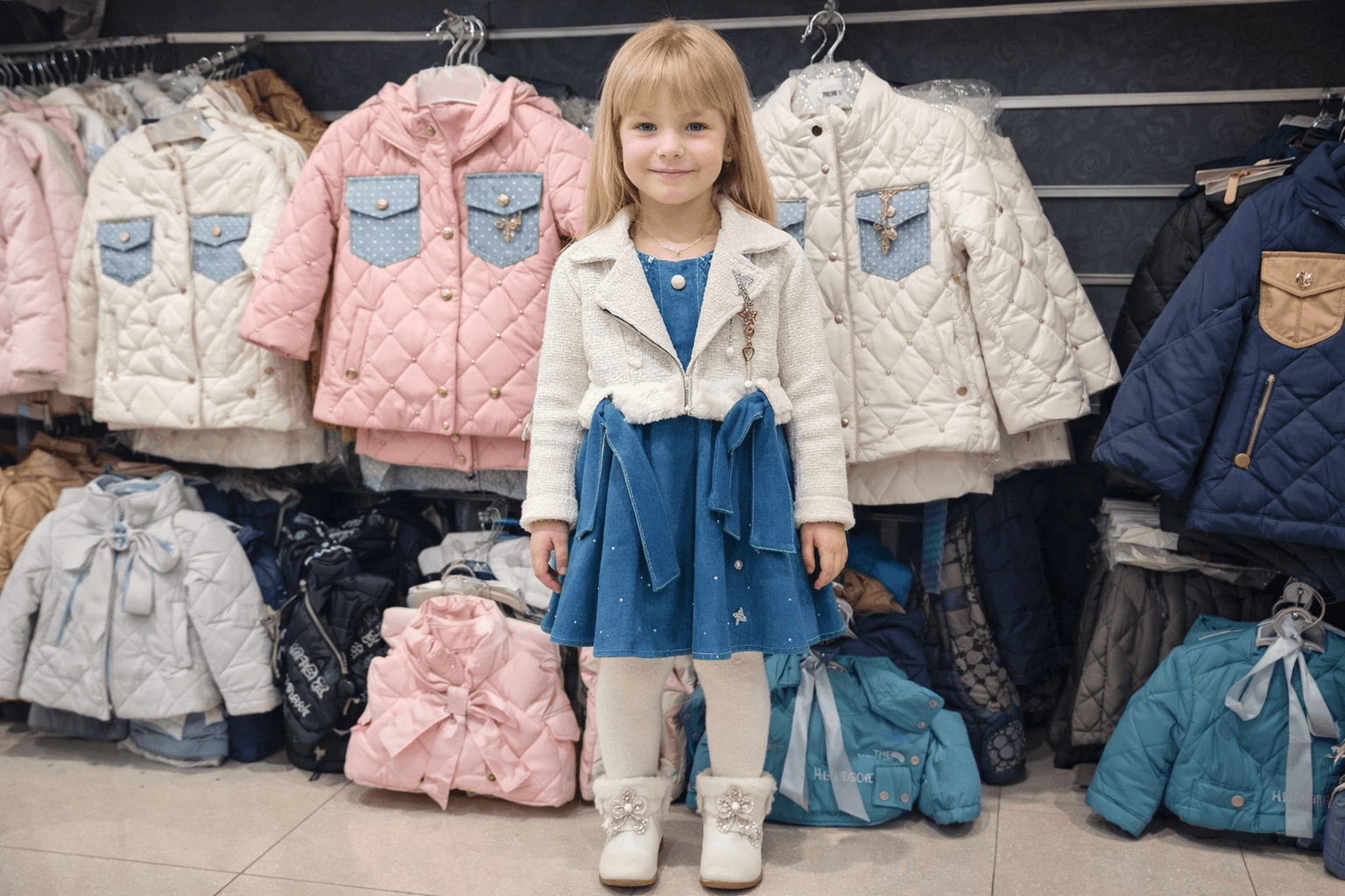 AI generated: Complete image of blond girl from head to foot . having this clothes back ground in a clothes shop
