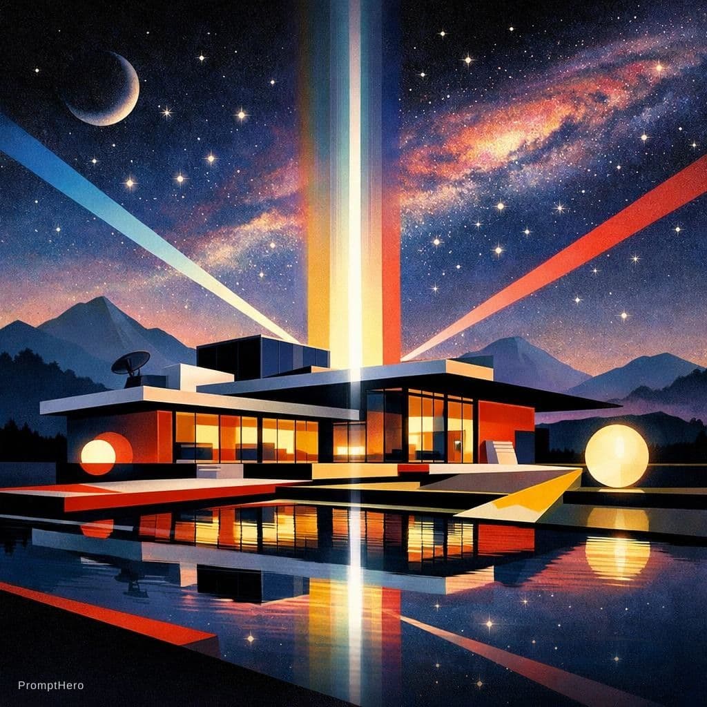 AI generated: In the style of el lissitzky,Bauhaus art,epic single storey villa,futuristic,geometric forms,light b...