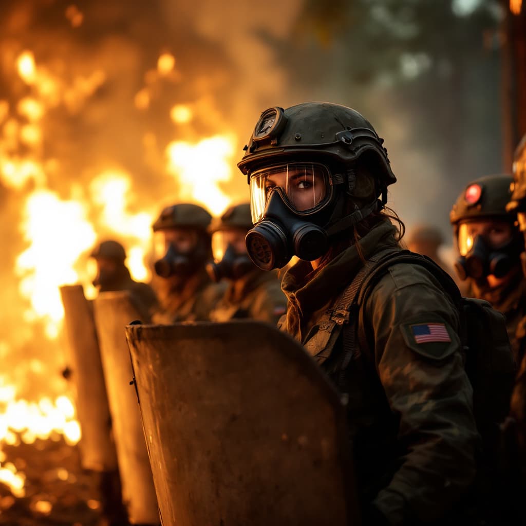 AI generated: a group of pretty Female soldiers standing in front of a wall of fire during a deforestation protest...