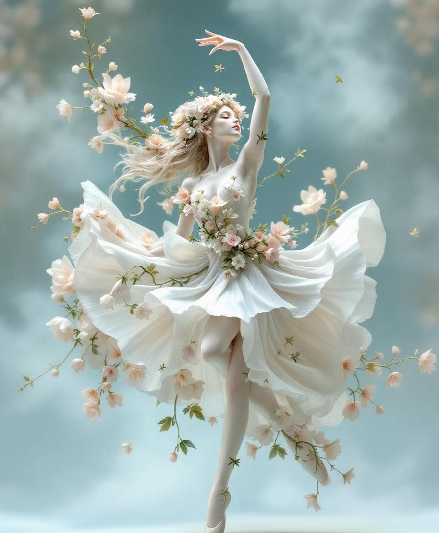 AI generated: A porcelain ballerina sculpted with floral elegance, captured mid-dance in a graceful arabesque pose...