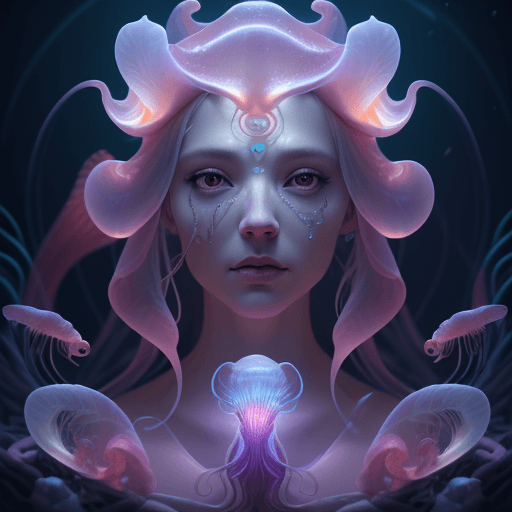 AI generated: Goddess close-up portrait ribcagel. jellyfish phoenix head, nautilus, orchid, skull, betta fish, bio...