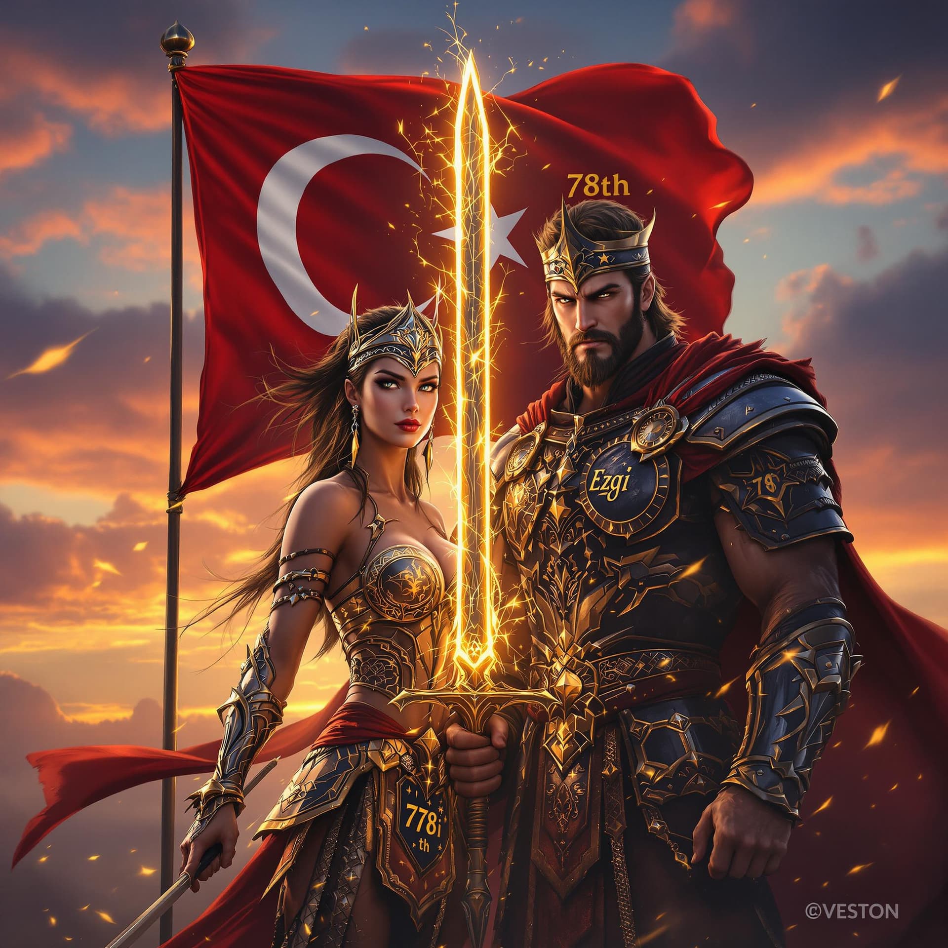 AI generated: A fierce lady warrior clad and her boyfriend warrior standing next to each other. They are in tradit...