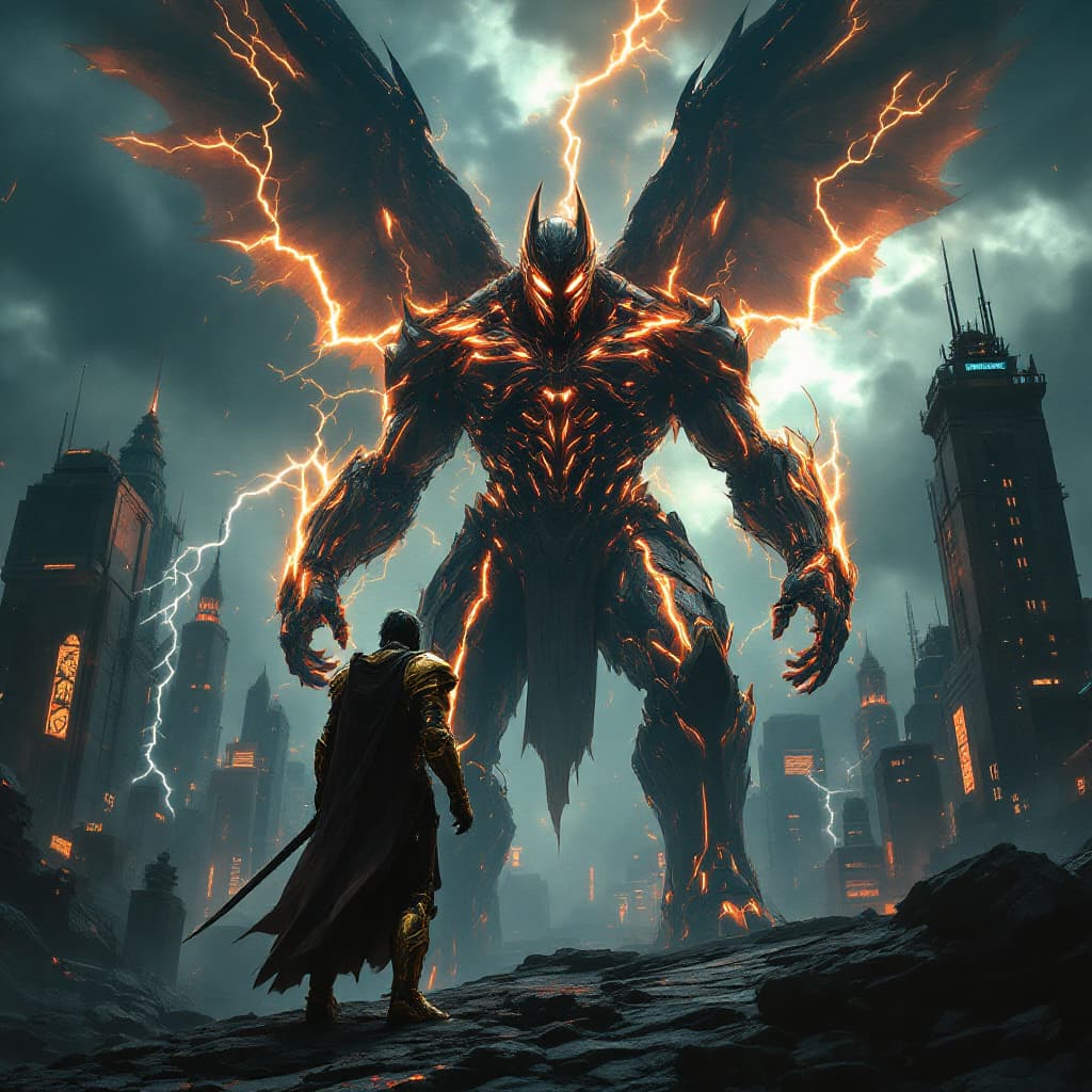 AI generated: Masterpiece, cinematic film photography, gothic cyberpunk city, a lone warrior in shining golden arm...