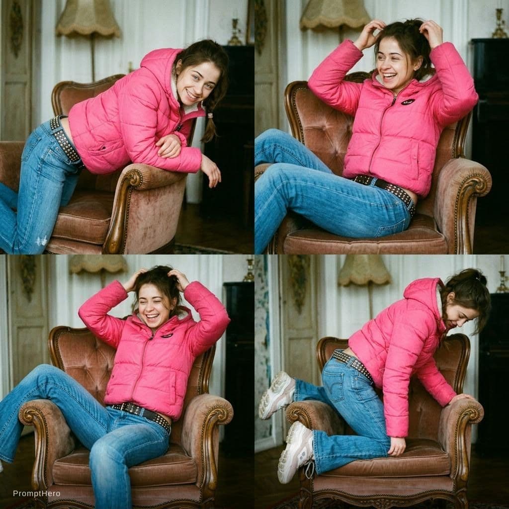 AI generated: 21 year old woman in 2000s jeans posing on an armchair, beinding over the armrest. 

2x2 grid. candi...