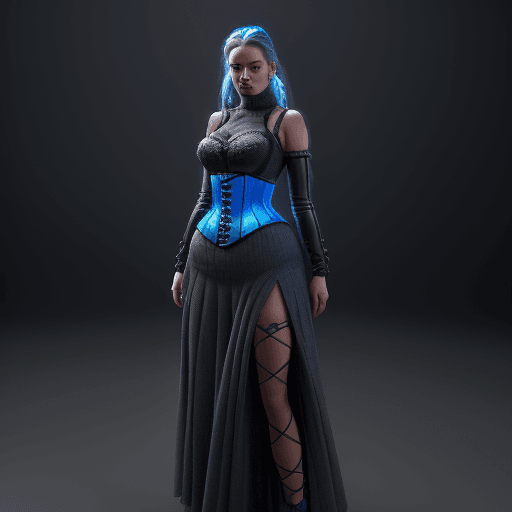AI generated: 25-year-old woman in a knitted suit, a down jacket in royal gray metallic and neon blue glossy, a ve...