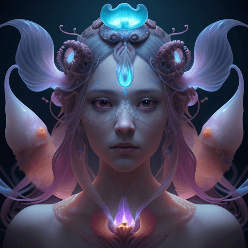 AI generated: Goddess close-up portrait ribcagel. jellyfish phoenix head, nautilus, orchid, skull, betta fish, bio...