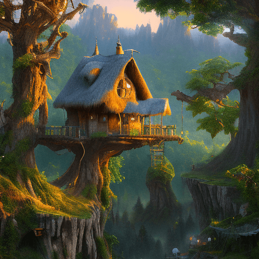 AI generated: valley, fairytale treehouse village covered,, matte painting, highly detailed, dynamic lighting, cin...
