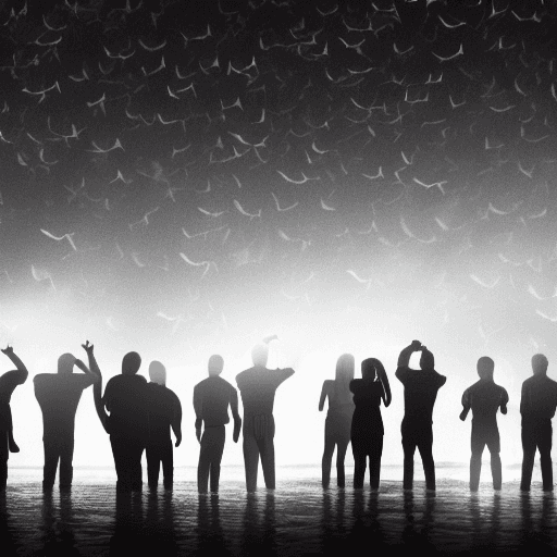 AI generated: photograph of 10 adults young and old, men and womens, silhouetted by  hospital lights, standing on ...