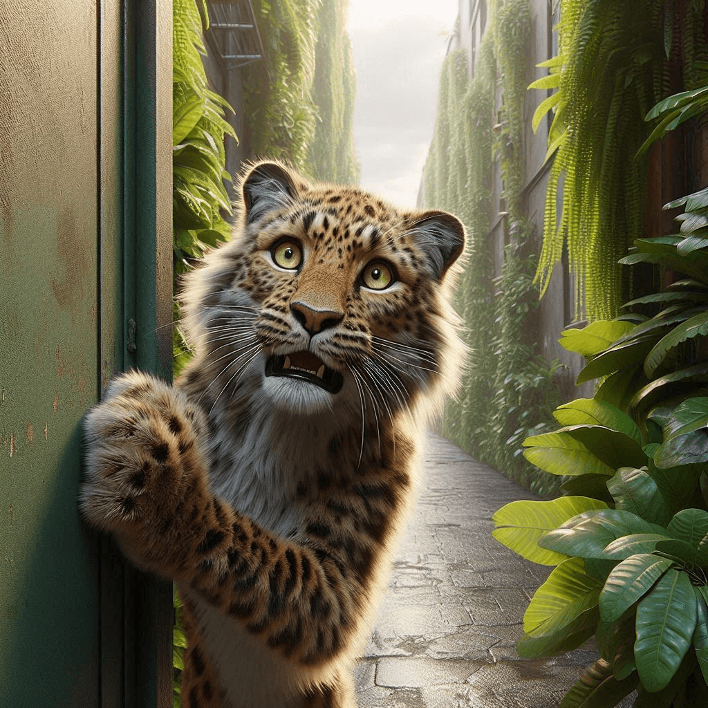 AI generated: Close-up professional cinematic 3D animation of a long-furred leopard, its face panicked and grimaci...