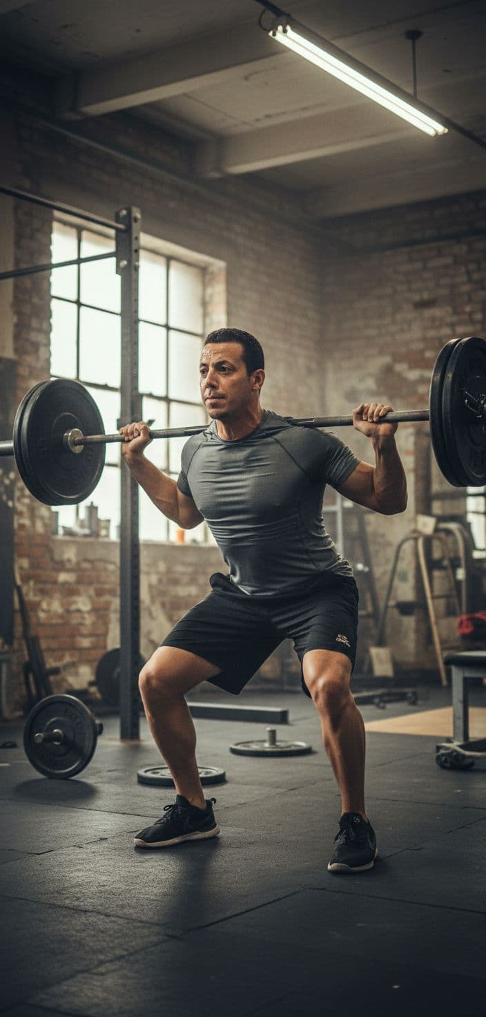 AI generated: Foto realista de un hombre levantando pesas en un gimnasio industrial, músculos tensos, sudor visibl...