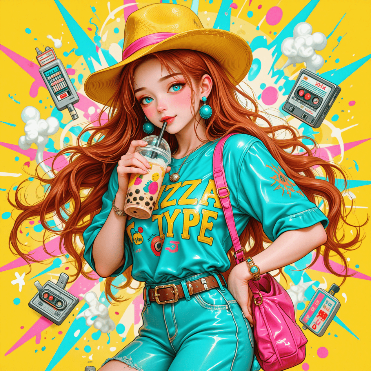 AI generated: Vibrant anime-style portrait of a cheerful young woman with fair skin, large sparkling bright blue e...