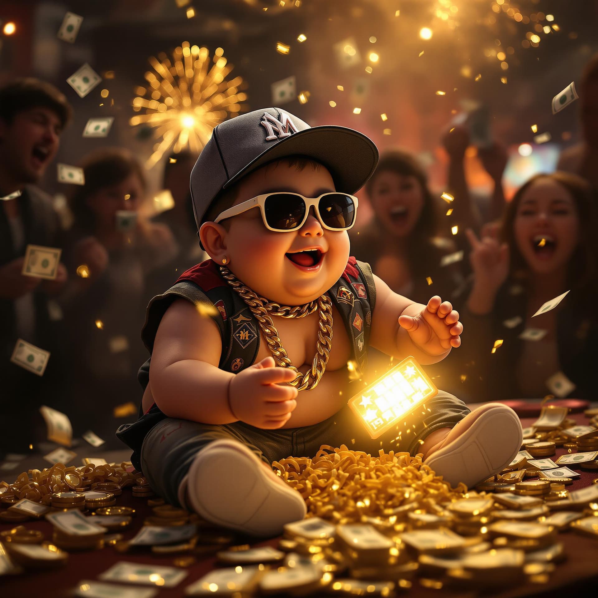 AI generated: ONE LITTLE FAT MEXICAN WHITE 4 YEAR OLD BABYBOY WITH SUNGLASSES SITTING ON TOP OF THE TABLE, FULL OF...
