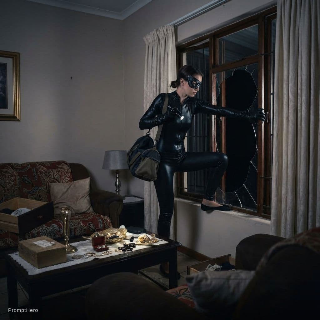 AI generated: Create a image of a slender robber with gloves and catsuit in a home invasion scenario 