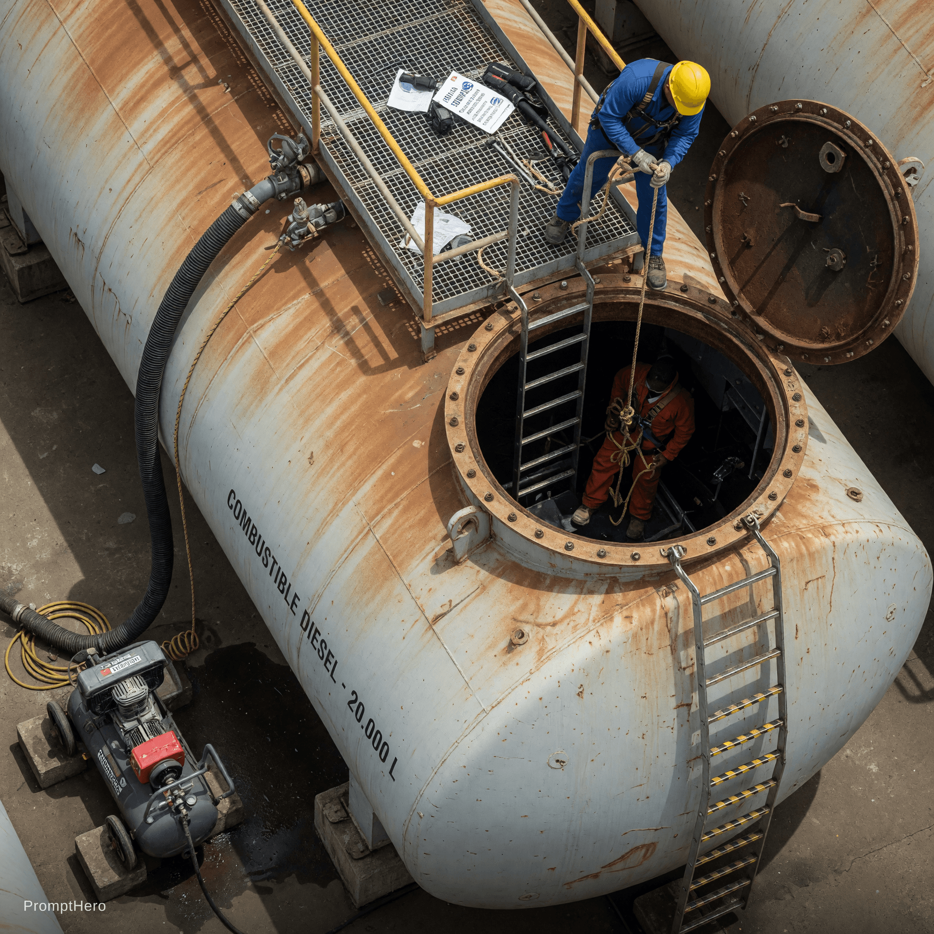 AI generated: tanque horizontal de almacenamiento de combustible, en la parte de arriba lado derecho habrá un manh...