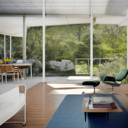 AI generated: Hyper realistic eye level exterior photo of a mid century modern style house overlooking the ocean, ...