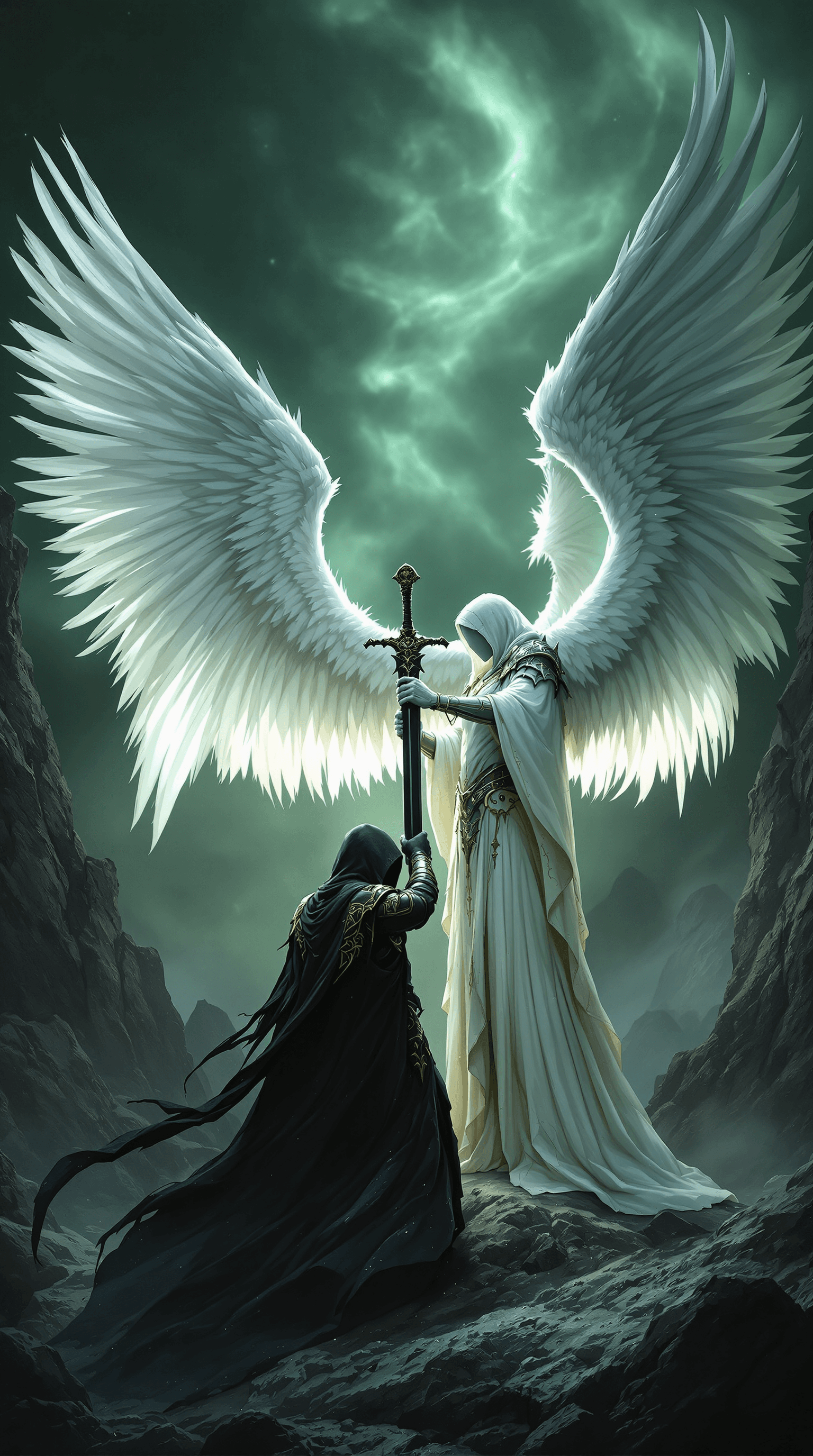 AI generated: A dramatic, cinematic confrontation between two opposing angelic warriors, one cloaked in darkness a...