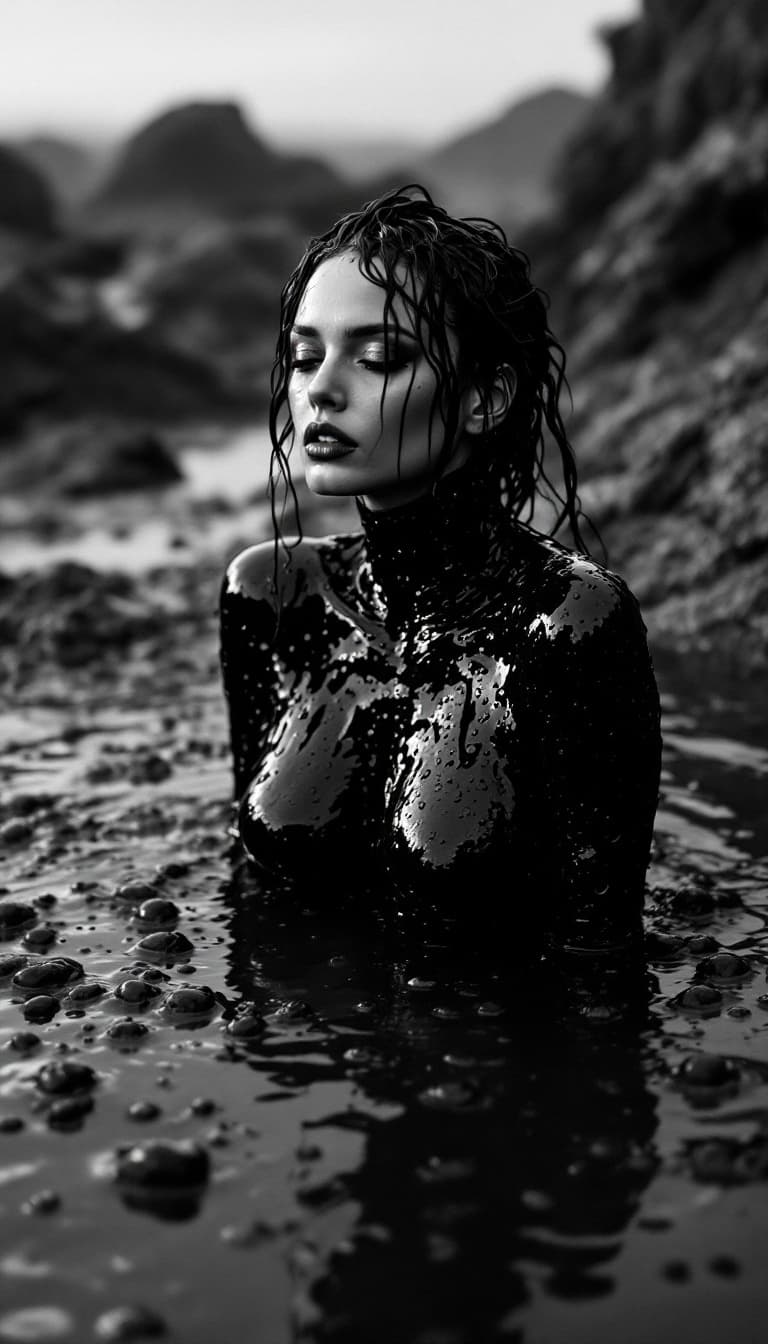 AI generated: a black and white photo of a woman in dark ooze, mert and marcus, drops, kristine froseth, carola ru...