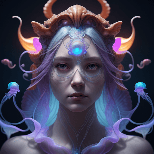 AI generated: Goddess close-up portrait ribcagel. jellyfish phoenix head, nautilus, orchid, skull, betta fish, bio...