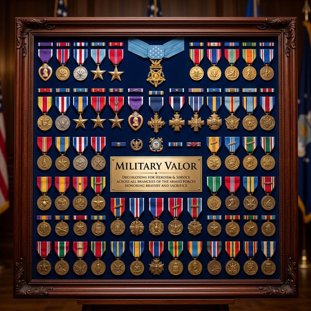 AI generated: Military medals from all branches of service, with the text 'Military Valor.'