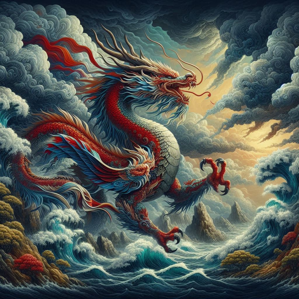 AI generated: An image of a red and blue dragon under a stormy sky, --ar 116:117 --stylize 750 --v 6"